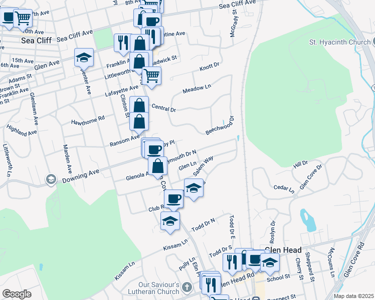 map of restaurants, bars, coffee shops, grocery stores, and more near 95 Plymouth Drive North in Glen Head