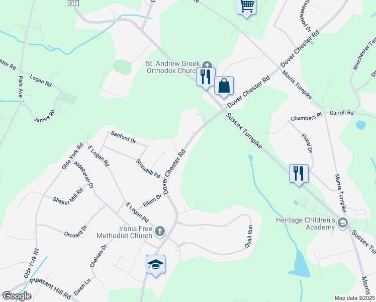 map of restaurants, bars, coffee shops, grocery stores, and more near 243 Dover Chester Road in Randolph