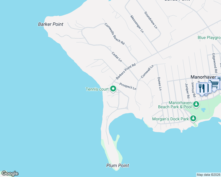 map of restaurants, bars, coffee shops, grocery stores, and more near 98 Barkers Point Road in Port Washington