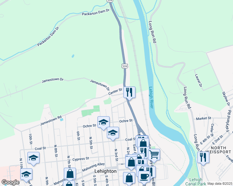 map of restaurants, bars, coffee shops, grocery stores, and more near 134 Jamestown Street in Lehighton