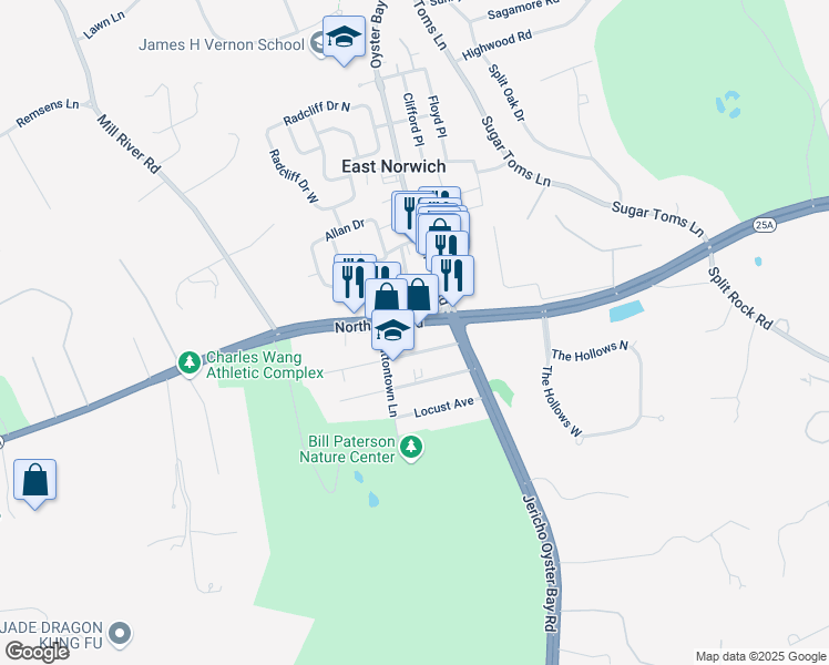 map of restaurants, bars, coffee shops, grocery stores, and more near 6300 Northern Boulevard in East Norwich
