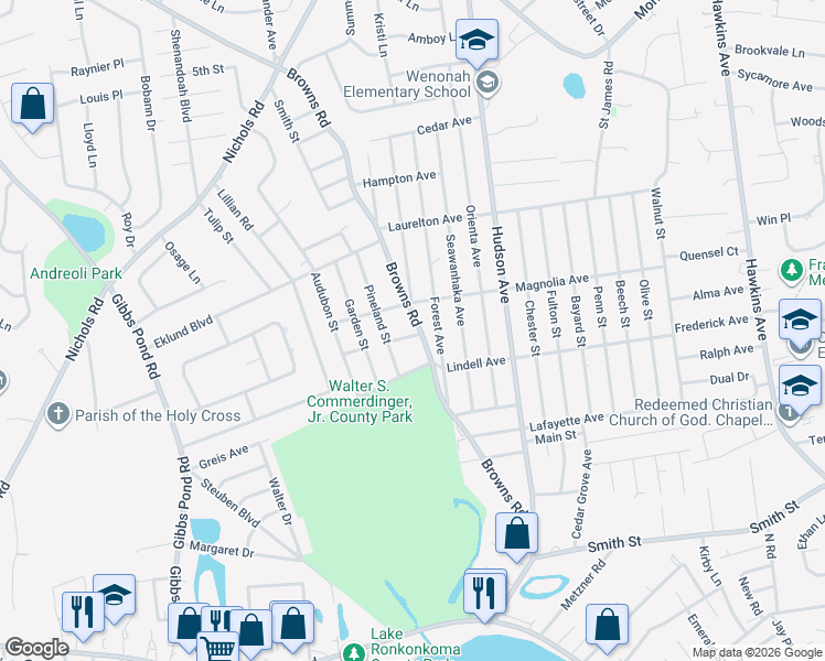map of restaurants, bars, coffee shops, grocery stores, and more near 30 Oakdale Avenue in Nesconset