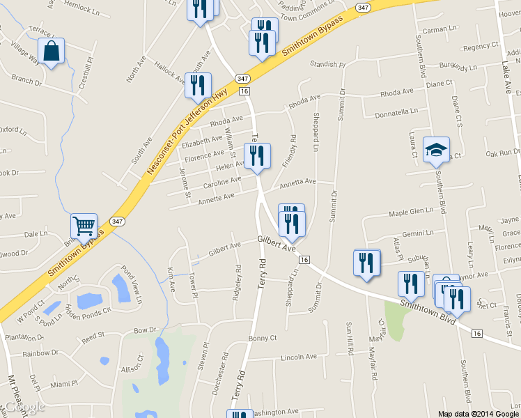 map of restaurants, bars, coffee shops, grocery stores, and more near 209 Terry Road in Smithtown