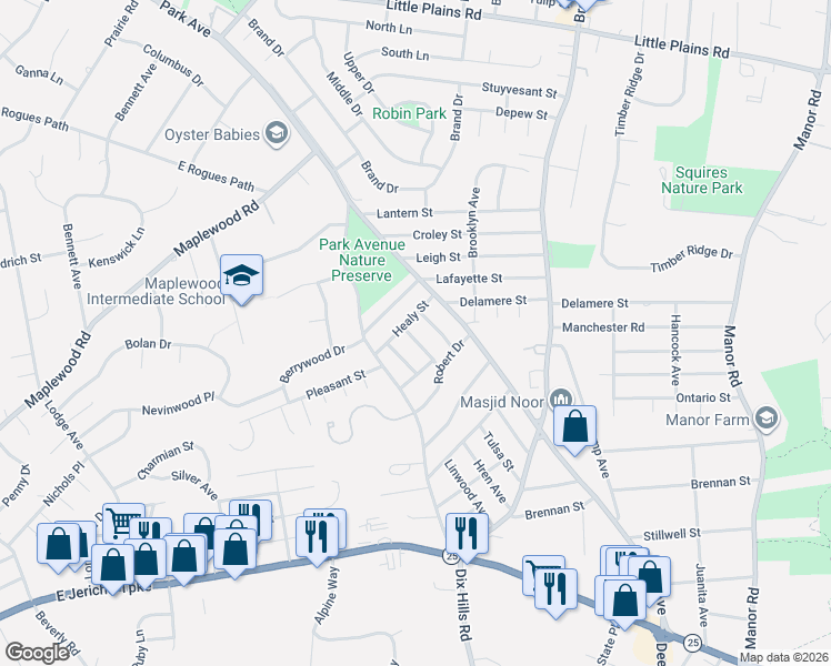 map of restaurants, bars, coffee shops, grocery stores, and more near 16 Corbin Court in Huntington