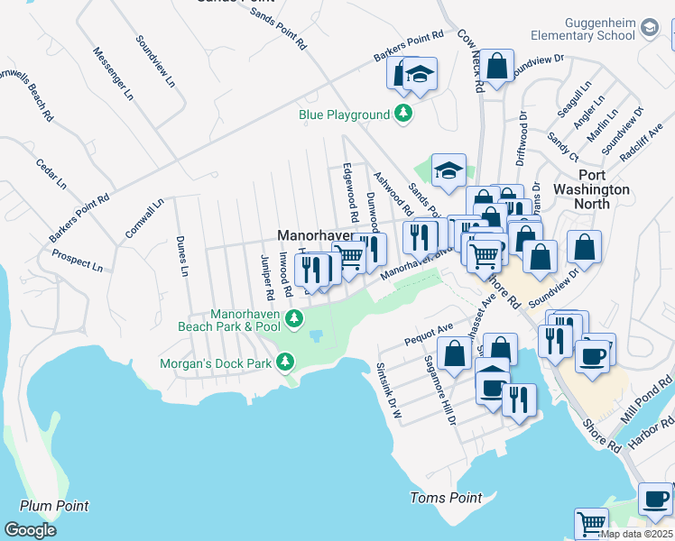 map of restaurants, bars, coffee shops, grocery stores, and more near 20 Graywood Road in Port Washington