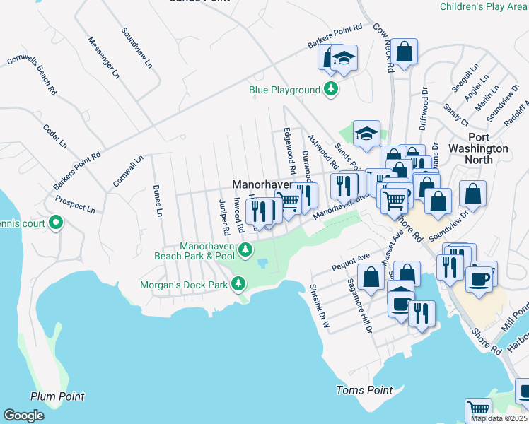 map of restaurants, bars, coffee shops, grocery stores, and more near 20 Graywood Road in Port Washington