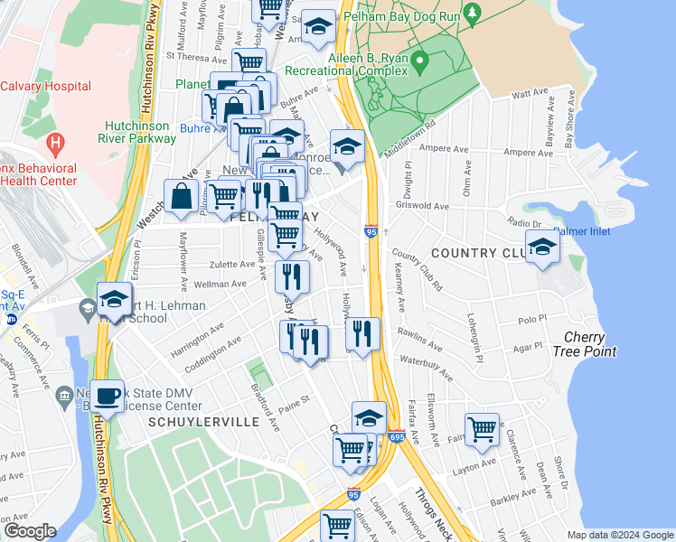 map of restaurants, bars, coffee shops, grocery stores, and more near 1424 Hollywood Avenue in Bronx