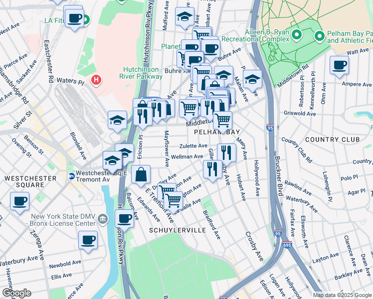 map of restaurants, bars, coffee shops, grocery stores, and more near 2900 Zulette Avenue in Bronx