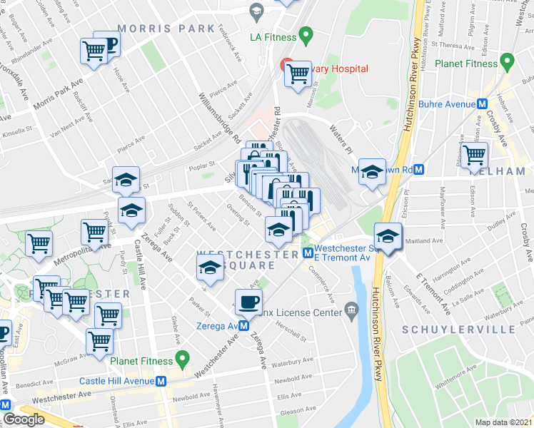 map of restaurants, bars, coffee shops, grocery stores, and more near 2702A East Tremont Avenue in The Bronx