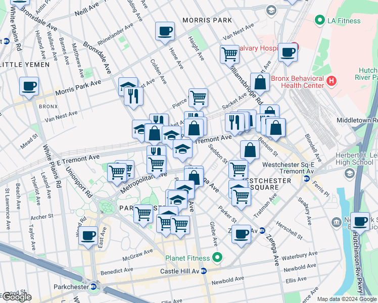 map of restaurants, bars, coffee shops, grocery stores, and more near 2431 Lyvere Street in The Bronx