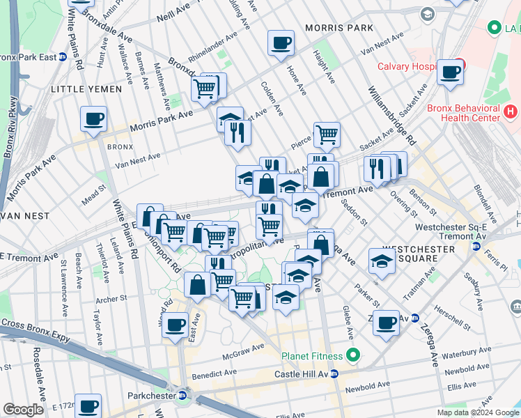 map of restaurants, bars, coffee shops, grocery stores, and more near 2250 East Tremont Avenue in Bronx