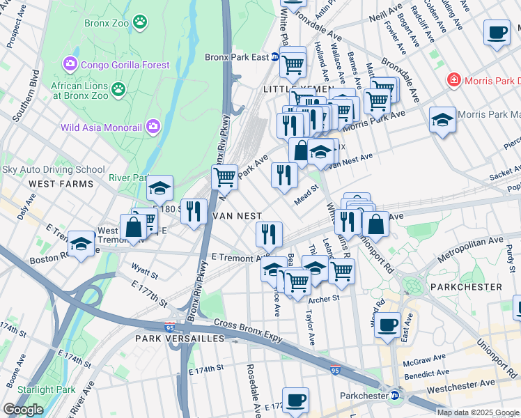 map of restaurants, bars, coffee shops, grocery stores, and more near 565 Van Nest Avenue in The Bronx