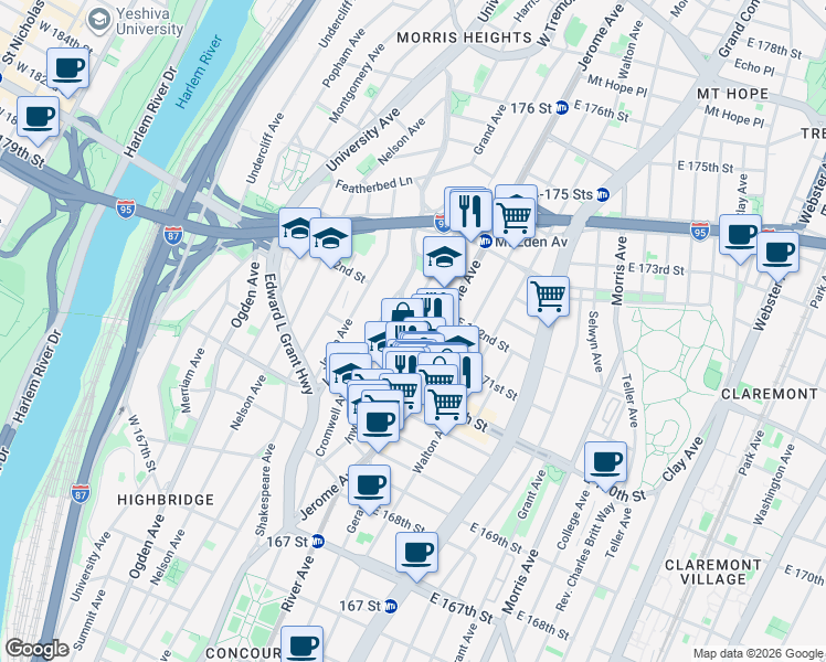 map of restaurants, bars, coffee shops, grocery stores, and more near 1481 Jerome Avenue in Bronx