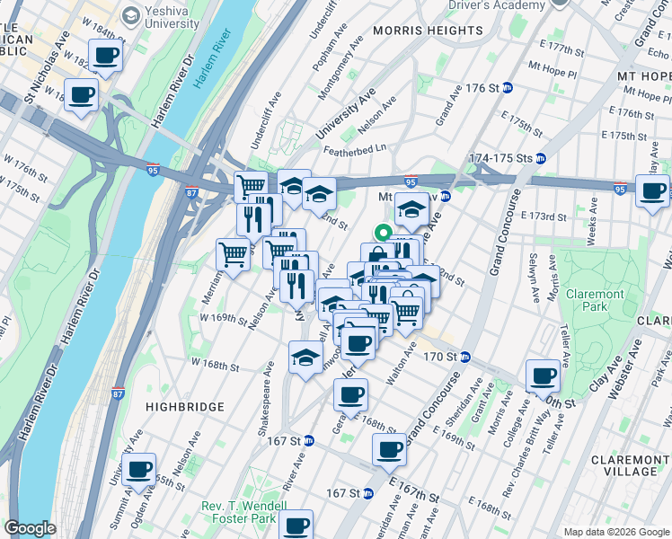 map of restaurants, bars, coffee shops, grocery stores, and more near 1440 Jesup Avenue in Bronx