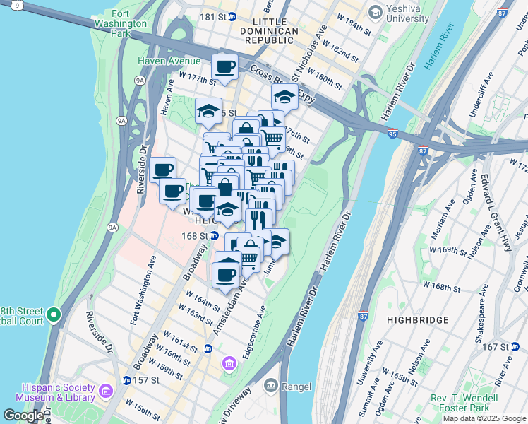map of restaurants, bars, coffee shops, grocery stores, and more near 508 West 171st Street in New York