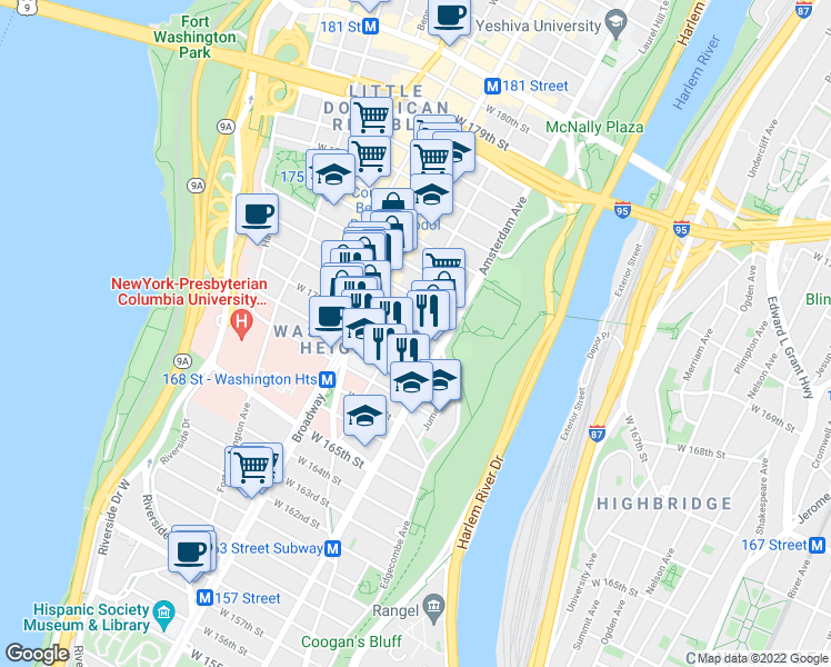map of restaurants, bars, coffee shops, grocery stores, and more near 508 West 171st Street in New York