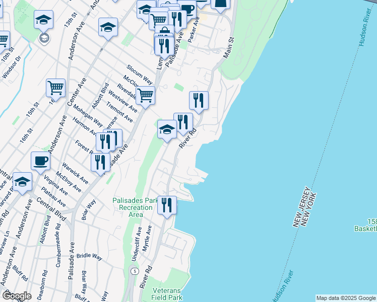 map of restaurants, bars, coffee shops, grocery stores, and more near 11 Palisade Plaza in Edgewater
