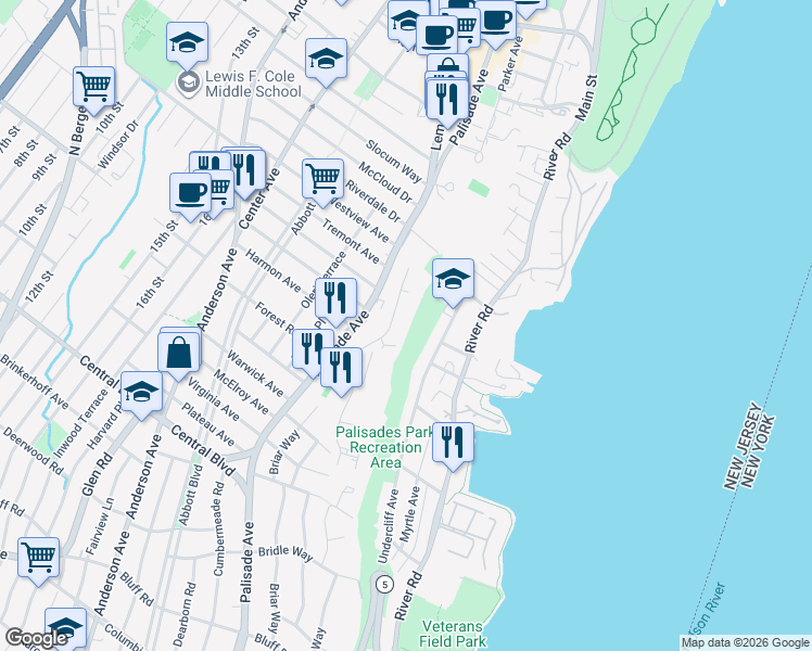 map of restaurants, bars, coffee shops, grocery stores, and more near 3 Horizon Road in Fort Lee