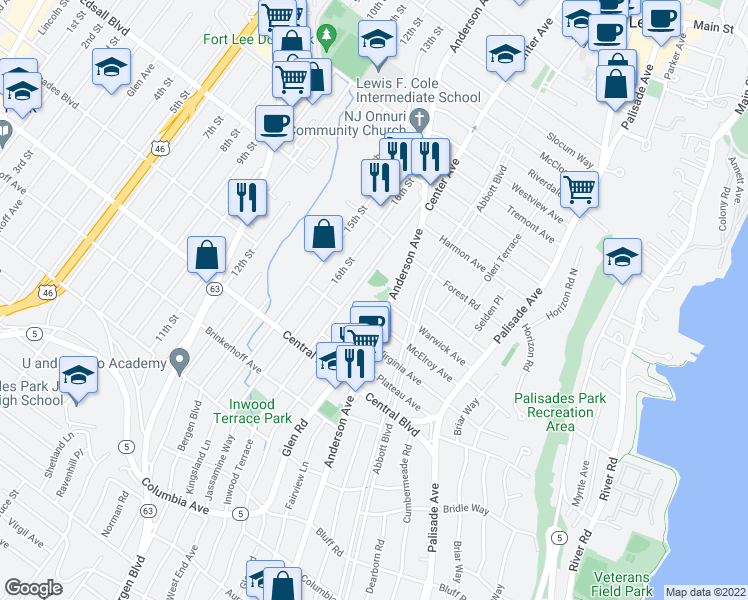 map of restaurants, bars, coffee shops, grocery stores, and more near 1275 Anderson Avenue in Fort Lee