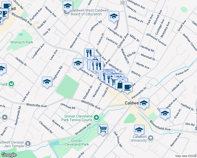 map of restaurants, bars, coffee shops, grocery stores, and more near 433 Bloomfield Avenue in Caldwell