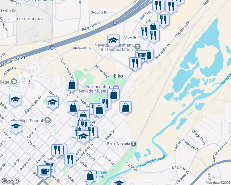 map of restaurants, bars, coffee shops, grocery stores, and more near 1515 Idaho Street in Elko