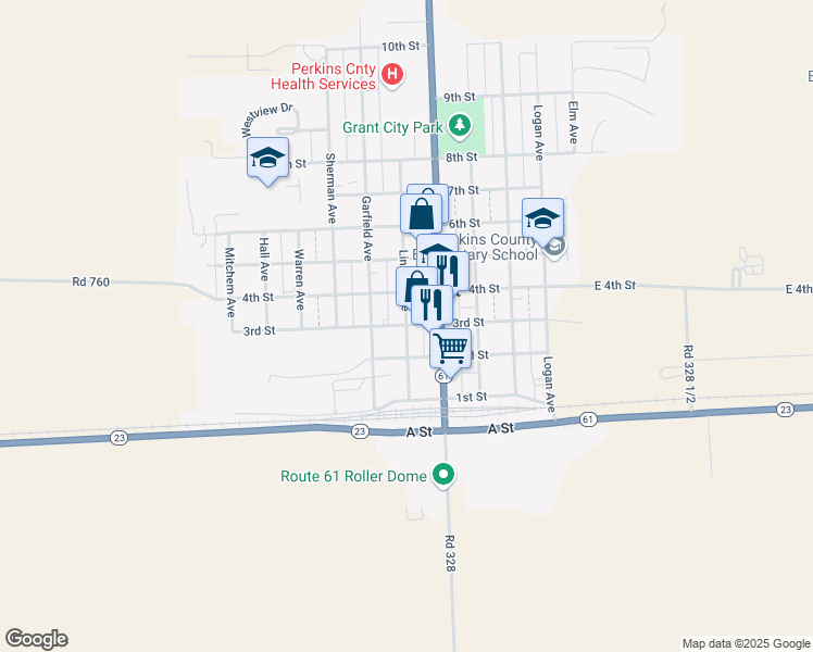 map of restaurants, bars, coffee shops, grocery stores, and more near 3rd Street in Grant