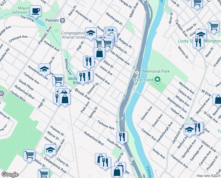 map of restaurants, bars, coffee shops, grocery stores, and more near 133 Spring Street in Passaic