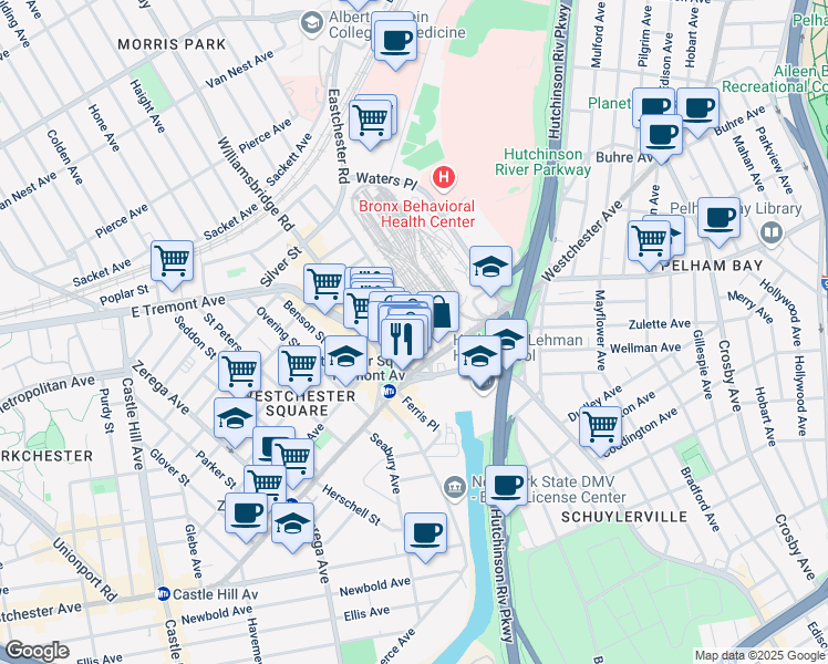 map of restaurants, bars, coffee shops, grocery stores, and more near 1342 Blondell Avenue in The Bronx