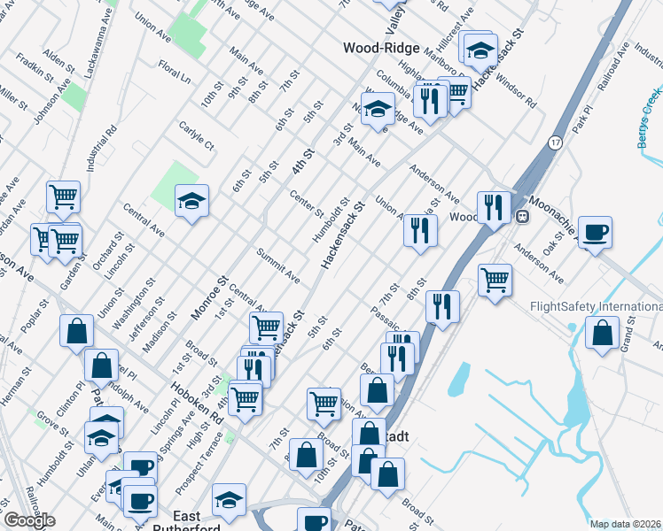 map of restaurants, bars, coffee shops, grocery stores, and more near 6 Hackensack Street in Wood-Ridge