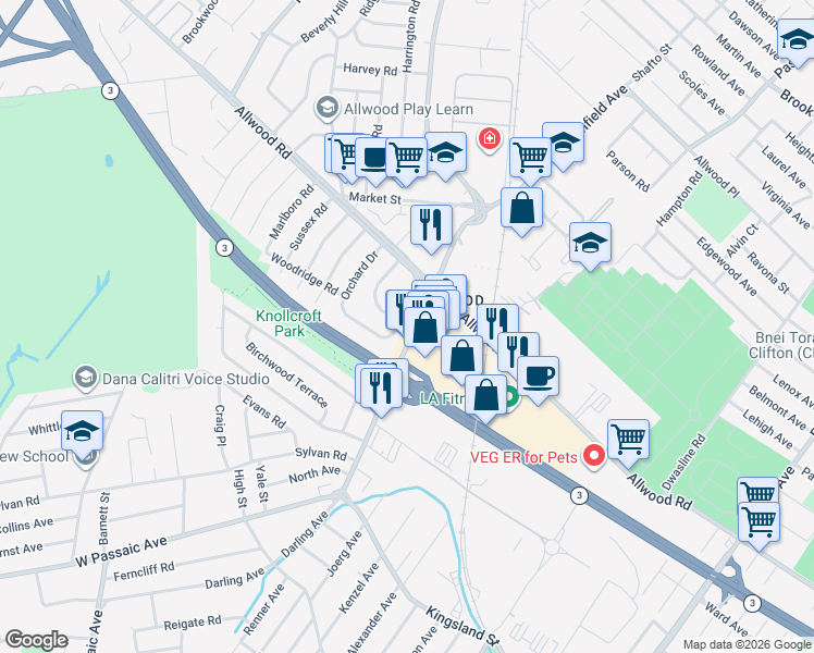 map of restaurants, bars, coffee shops, grocery stores, and more near 1053 Bloomfield Avenue in Clifton