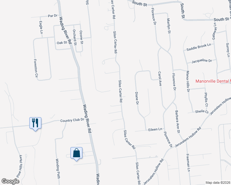 map of restaurants, bars, coffee shops, grocery stores, and more near 51 Silas Woods Road in Manorville