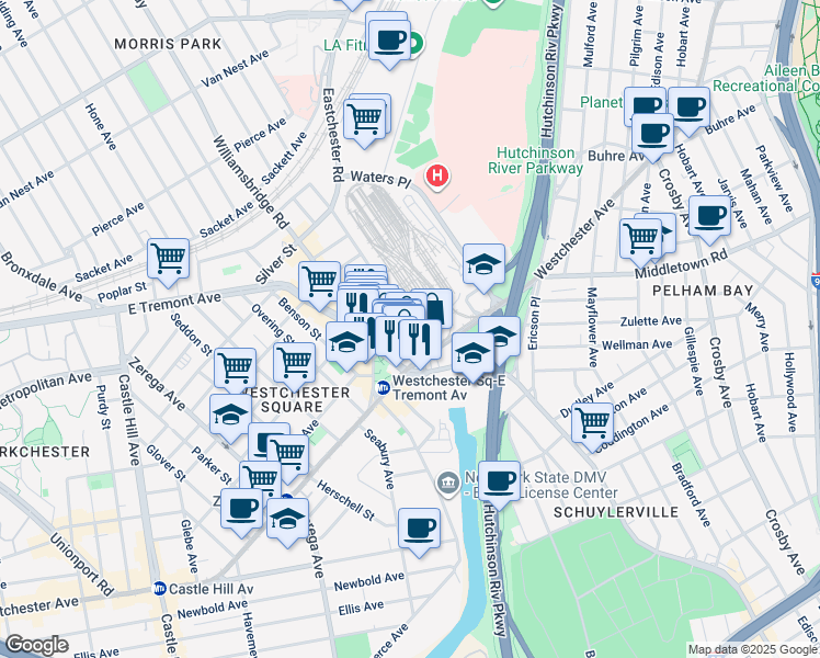 map of restaurants, bars, coffee shops, grocery stores, and more near 1342 Blondell Avenue in The Bronx