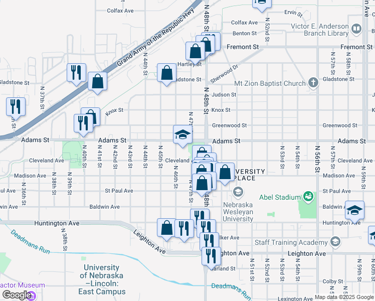 map of restaurants, bars, coffee shops, grocery stores, and more near 2900 North 46th Street in Lincoln