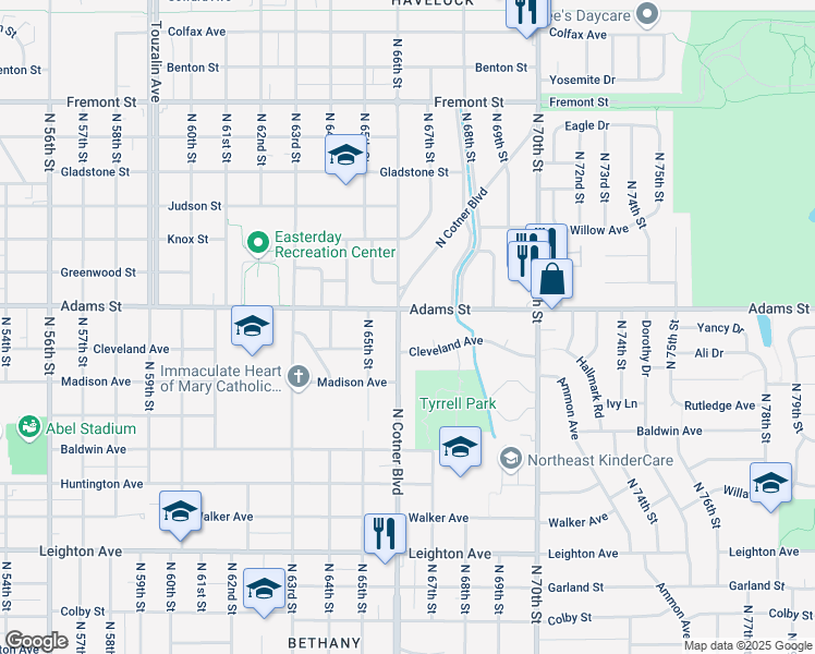 map of restaurants, bars, coffee shops, grocery stores, and more near 2928 North Cotner Boulevard in Lincoln