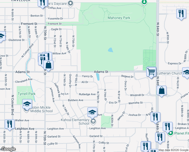 map of restaurants, bars, coffee shops, grocery stores, and more near 7712 Yancy Drive in Lincoln