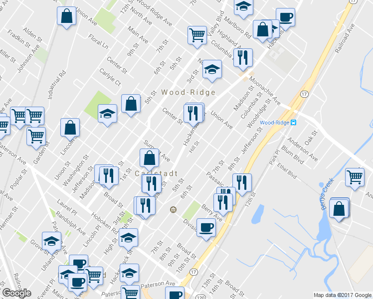 map of restaurants, bars, coffee shops, grocery stores, and more near 6 Hackensack St in Wood-Ridge