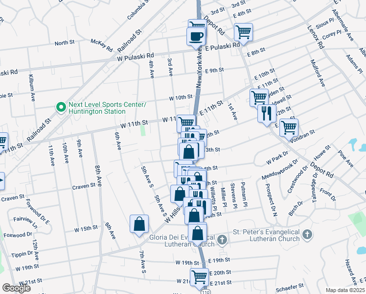 map of restaurants, bars, coffee shops, grocery stores, and more near 127 3rd Avenue in Huntington Station