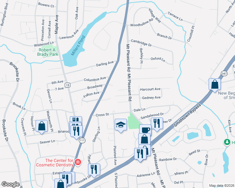 map of restaurants, bars, coffee shops, grocery stores, and more near 8 Bianco Court in Smithtown