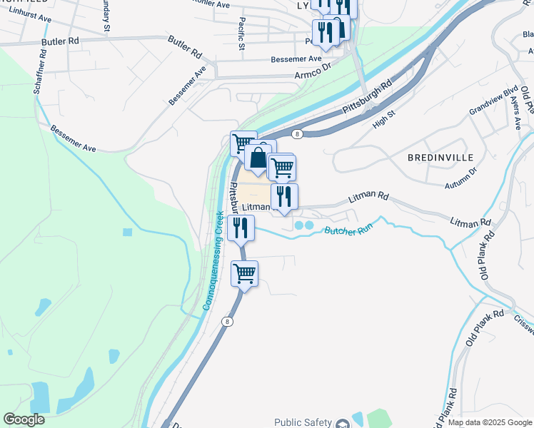 map of restaurants, bars, coffee shops, grocery stores, and more near 124 Litman Road in Butler
