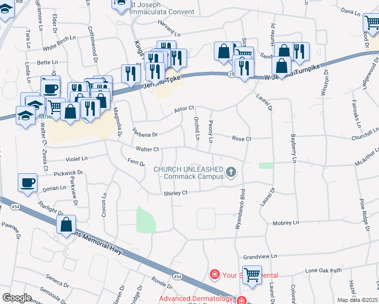 map of restaurants, bars, coffee shops, grocery stores, and more near 88 Walter Court in Commack
