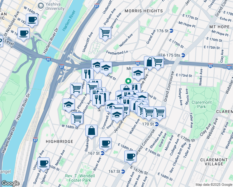 map of restaurants, bars, coffee shops, grocery stores, and more near 1440 Jesup Avenue in Bronx