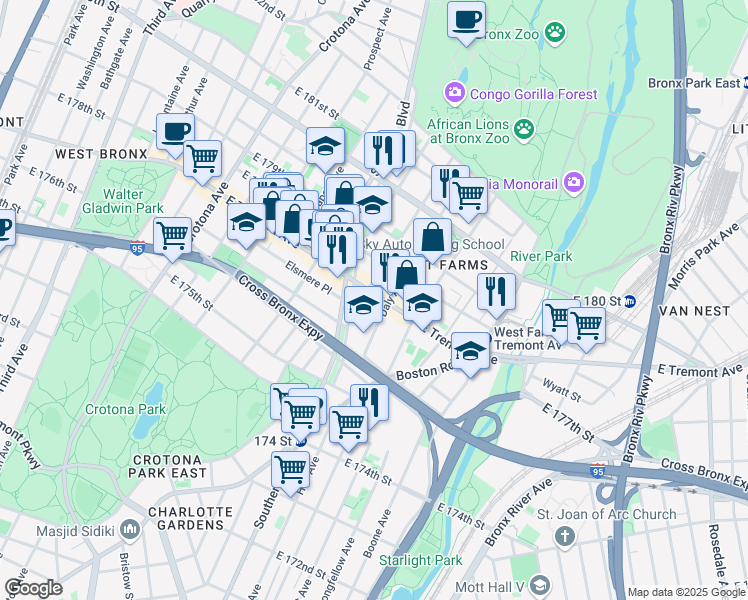 map of restaurants, bars, coffee shops, grocery stores, and more near 919 East Tremont Avenue in Bronx