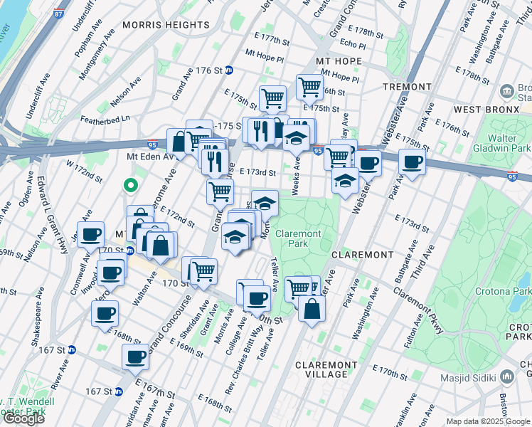 map of restaurants, bars, coffee shops, grocery stores, and more near 1540 Morris Avenue in Bronx