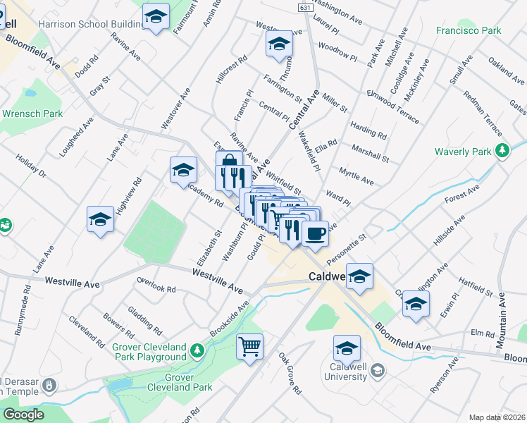 map of restaurants, bars, coffee shops, grocery stores, and more near 8 Cleveland Street in Caldwell