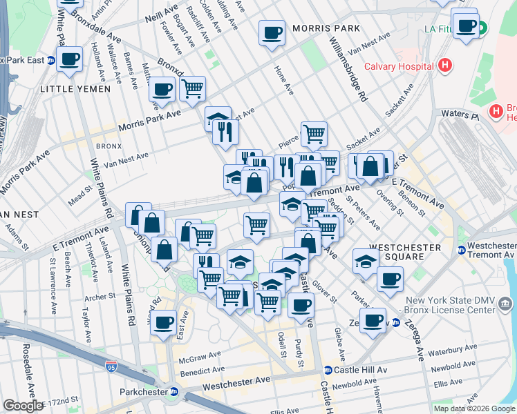 map of restaurants, bars, coffee shops, grocery stores, and more near Unionport Road in Bronx