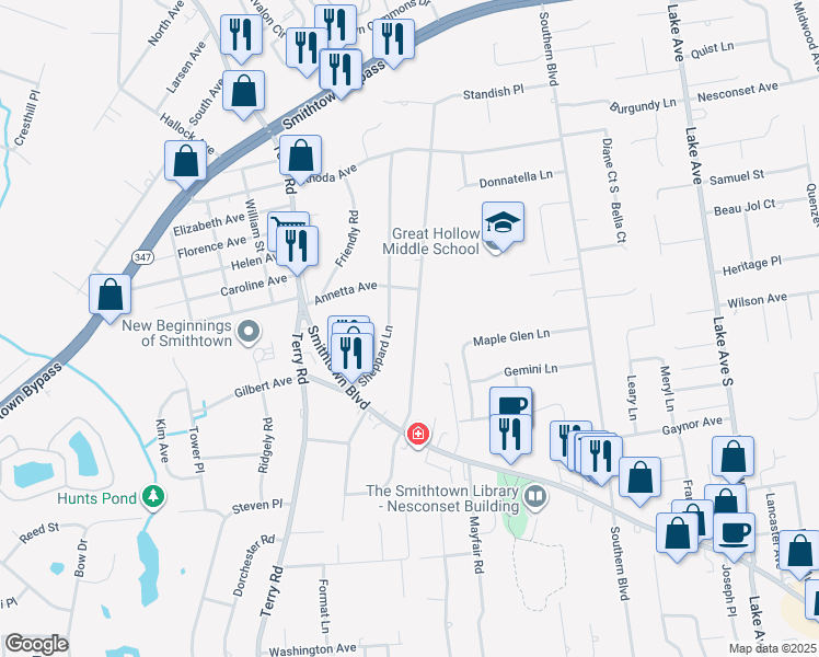 map of restaurants, bars, coffee shops, grocery stores, and more near 78 Summit Drive in Smithtown