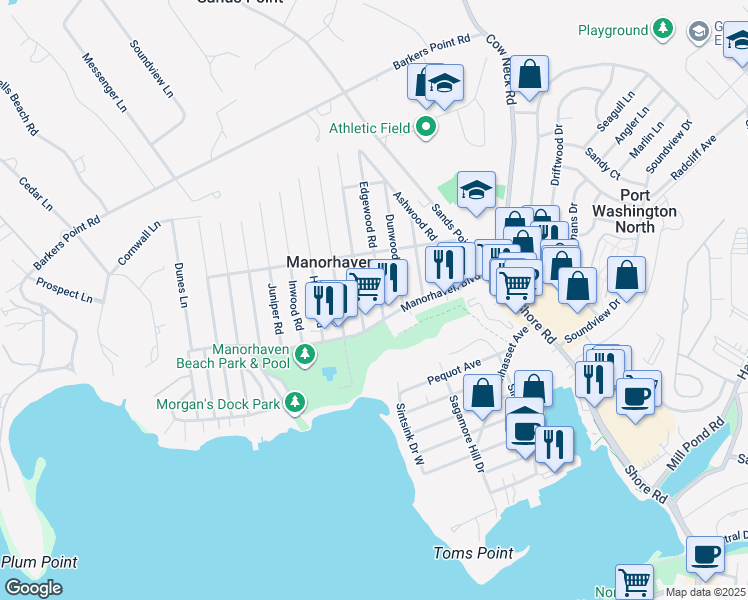 map of restaurants, bars, coffee shops, grocery stores, and more near 9 Edgewood Road in Port Washington