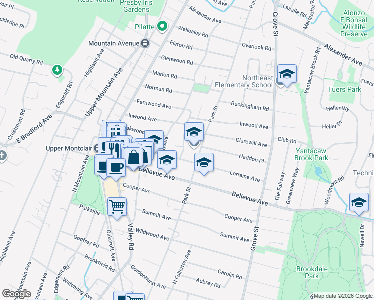 map of restaurants, bars, coffee shops, grocery stores, and more near 7 Duryea Road in Montclair