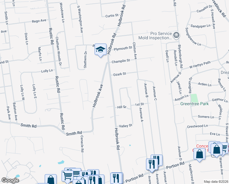 map of restaurants, bars, coffee shops, grocery stores, and more near 359 Holbrook Road in Lake Ronkonkoma