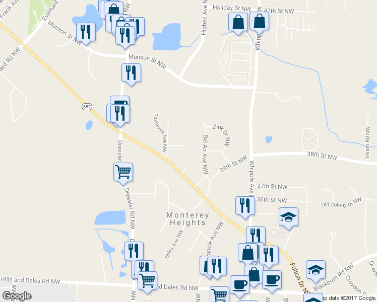 map of restaurants, bars, coffee shops, grocery stores, and more near 4144 Reicosky Lane Northwest in Canton